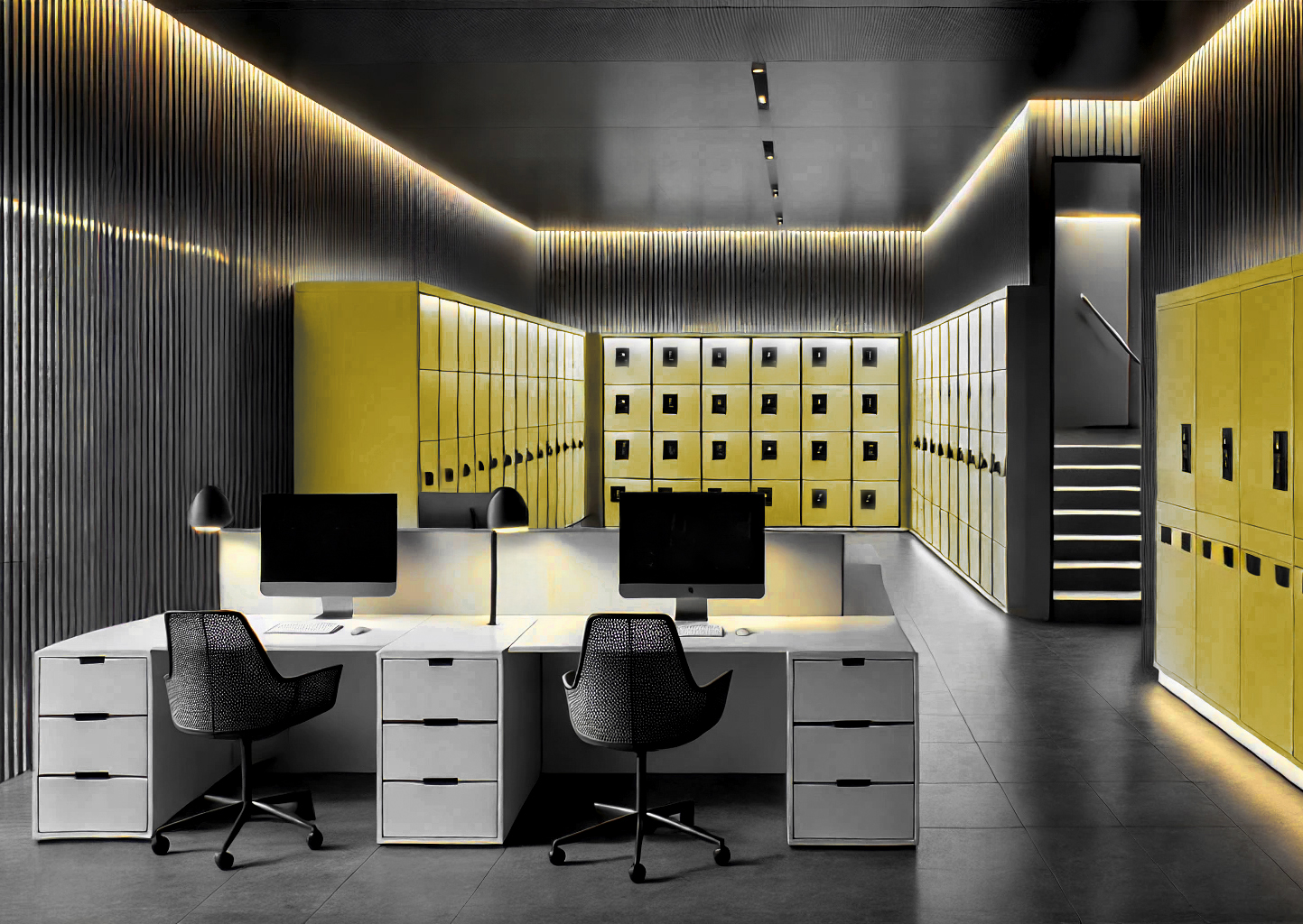 Small office space with storage lockers
